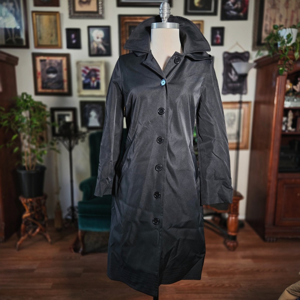 Delta Collection Trench Coat Black Hooded Raincoat Jacket Petite 2P Button Front